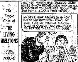 Newspaper comic panel titled The Tragic Case of the Living Skeletons
